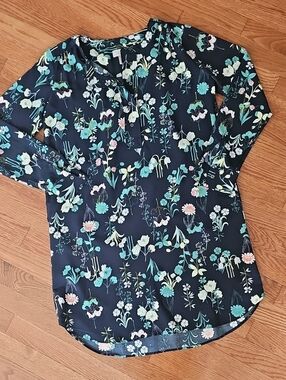LOFT Women's Navy Floral Long-Sleeve Dress